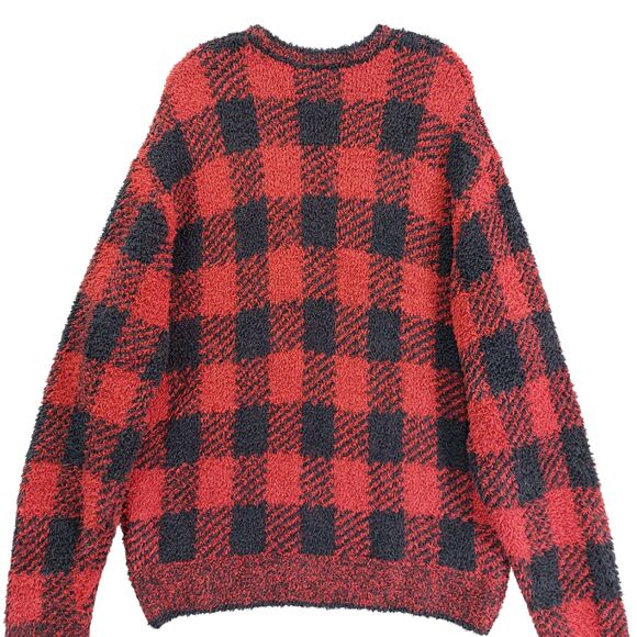 SKIMS Buffalo Plaid Fuzzy Knit Sweater 2X Red Black Cozy Oversized Soft - Picture 2 of 11
